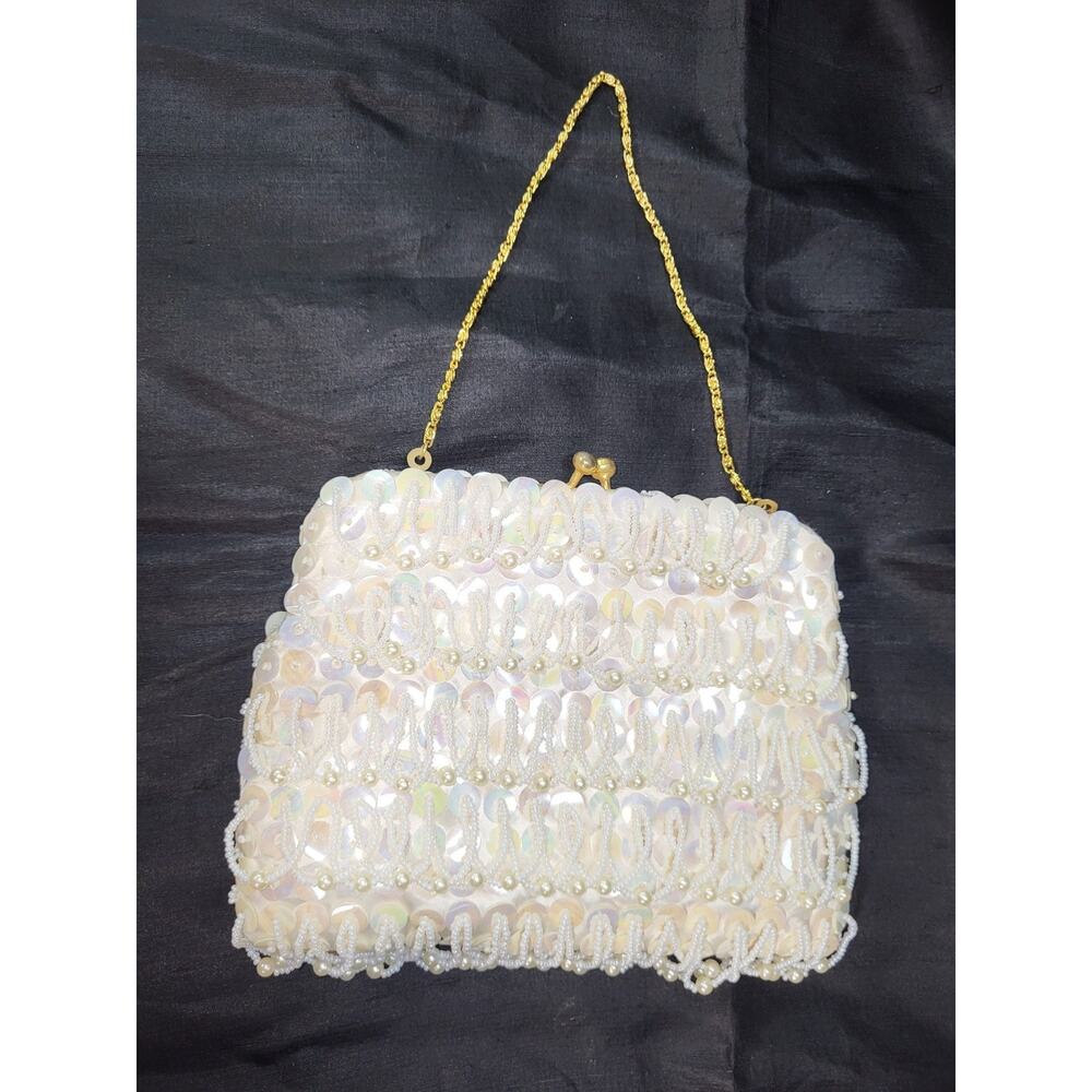 Vintage 1940s White Beaded Sequin Satin Clutch